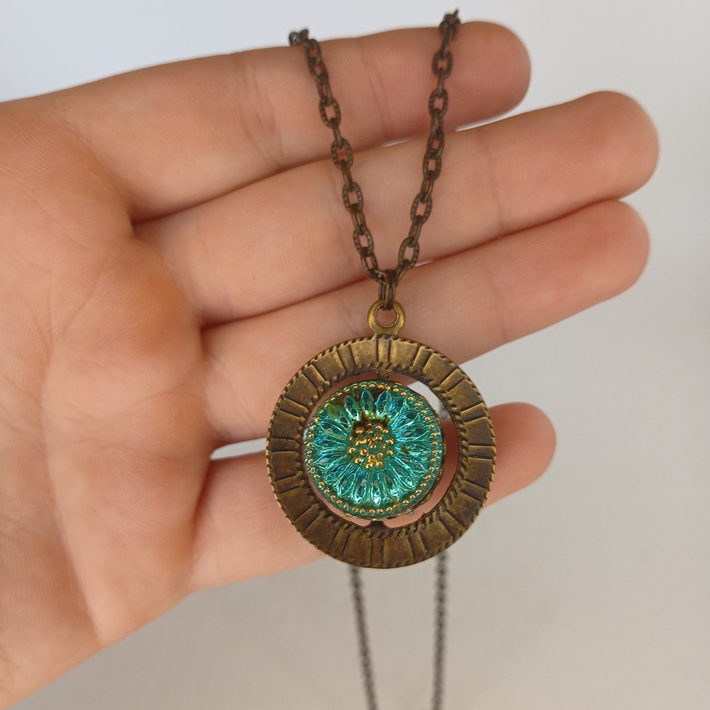 Necklace Antiqued Goldtone W/ Blue Rhinestone Glass Button Pendant